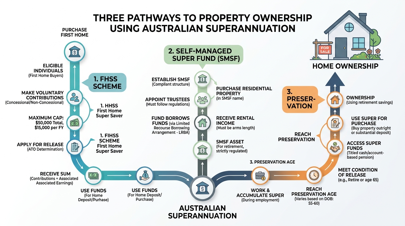Diagram showing three ways to use super to buy property in Australia: FHSS, SMSF, and preservation age