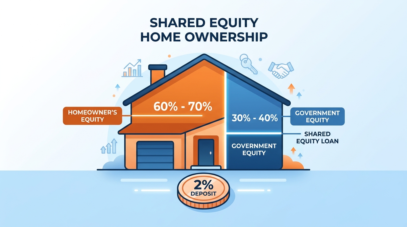 Diagram showing how the Help to Buy shared equity scheme splits home ownership between buyer and government