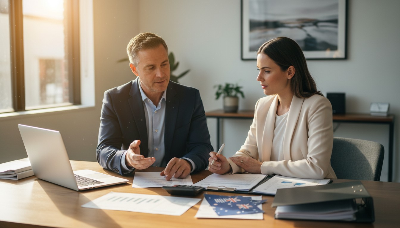 Mortgage broker reviewing SMSF loan options with a client in a professional office