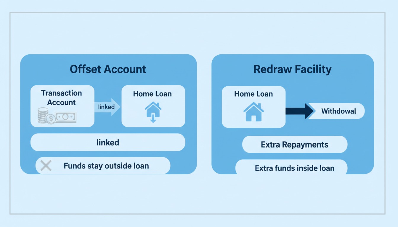 Comparison diagram of offset account versus redraw facility for Australian home loans