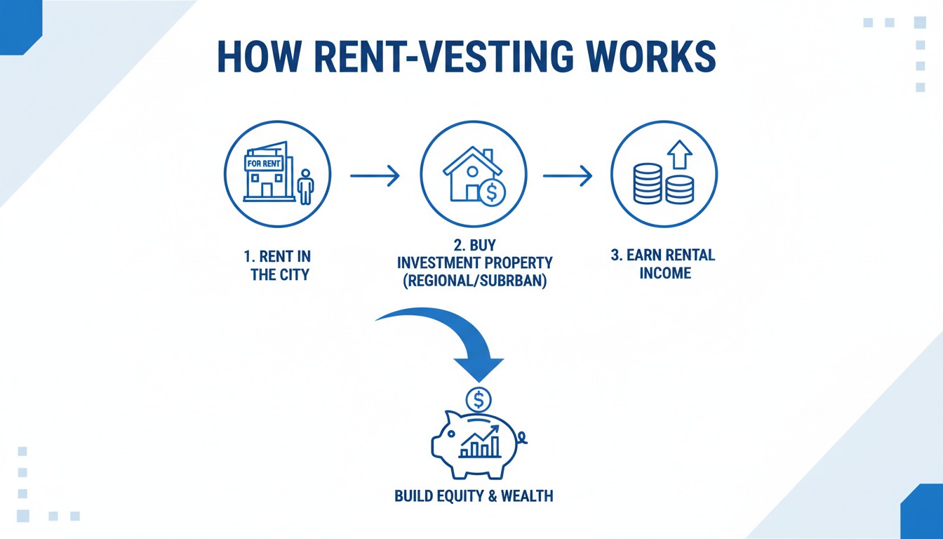 Infographic: rentvesting process showing renting in city, buying investment property, and earning rental income