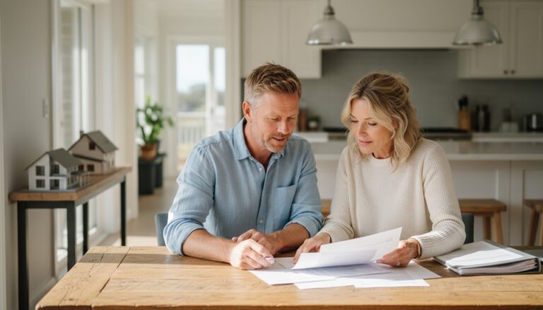 Australian couple reviewing bridging loan documents at kitchen table