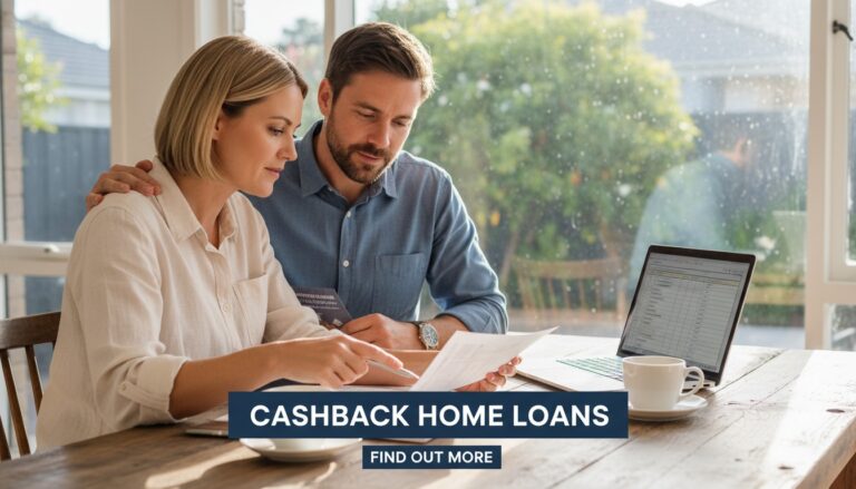 Australian couple reviewing cashback home loan refinancing documents at kitchen table