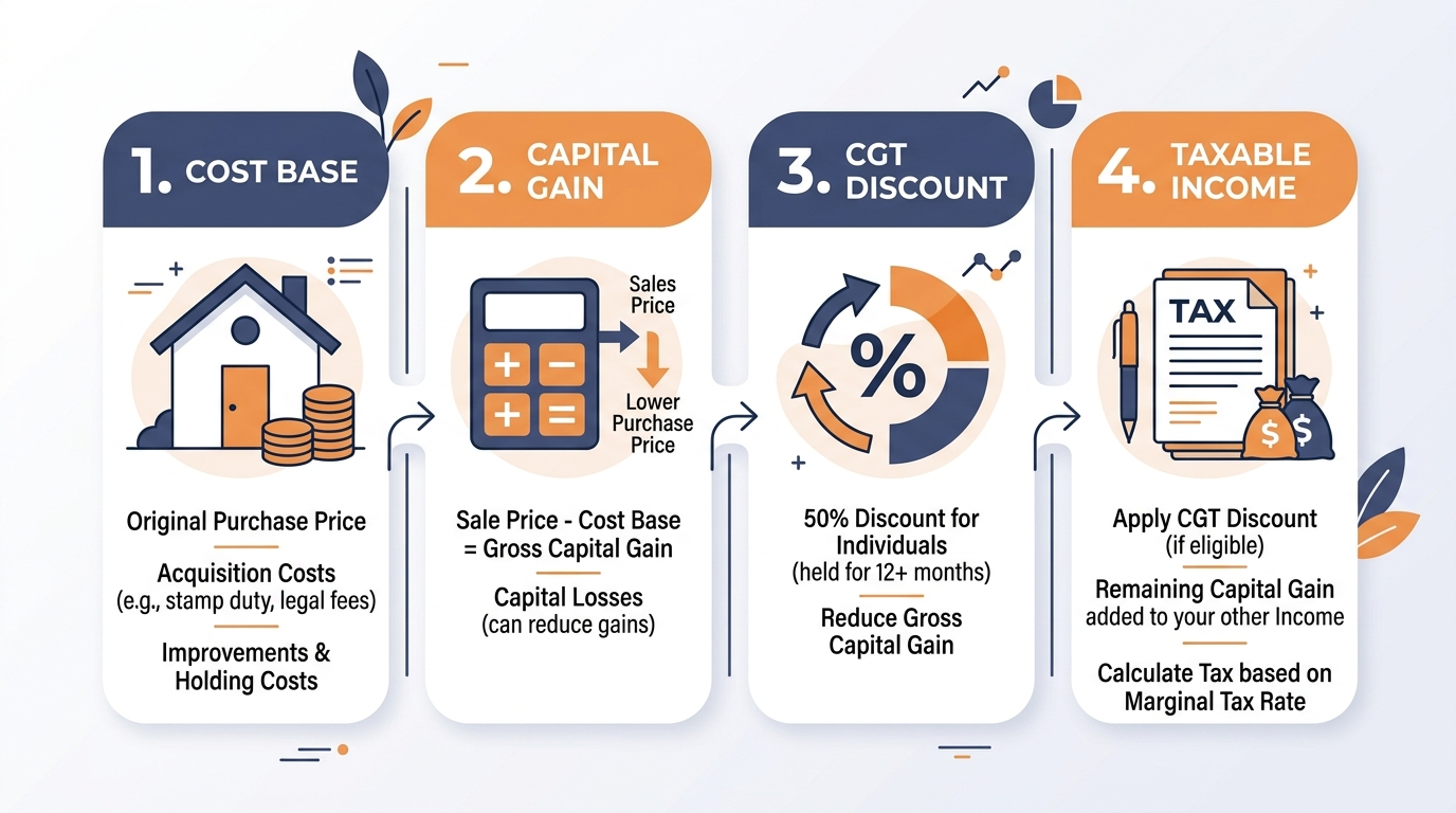 Four-step diagram showing how to calculate capital gains tax on an investment property in Australia