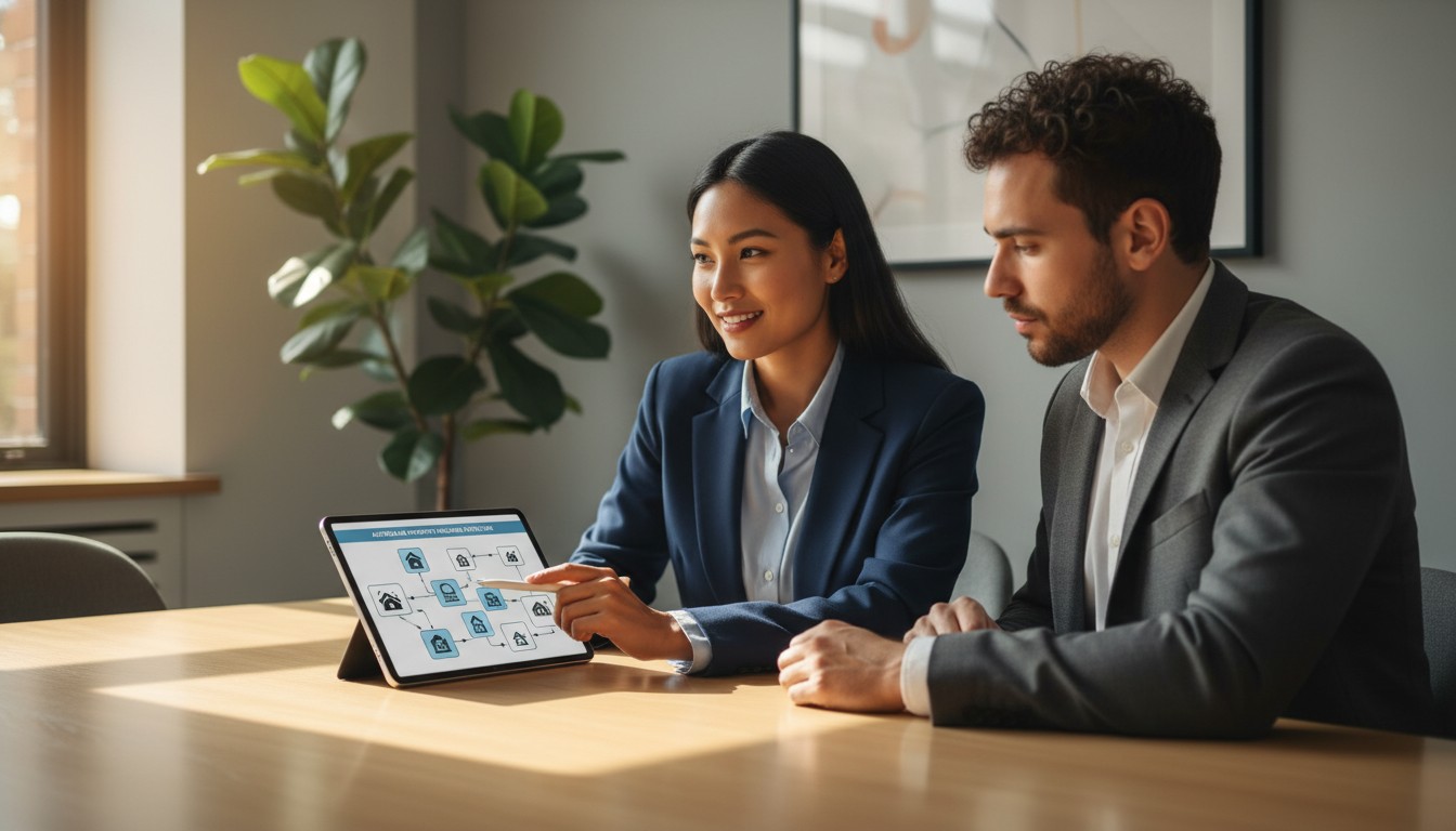 Mortgage broker and investor reviewing investment property ownership structure options in modern office
