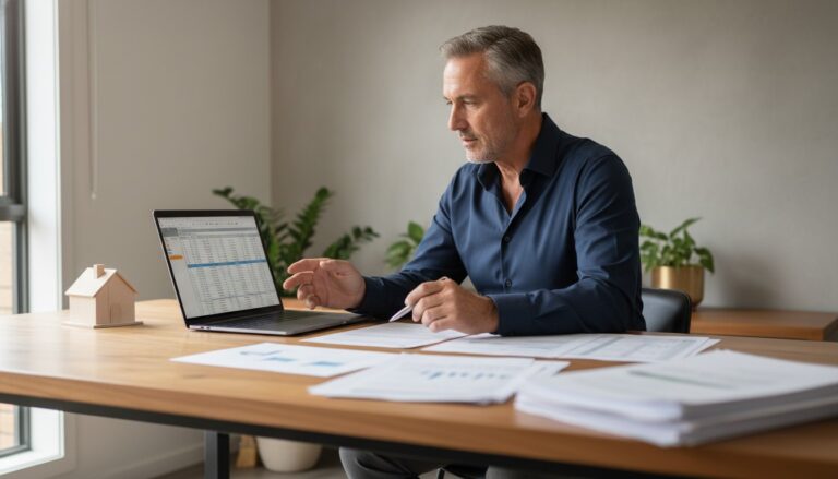 Australian property investor reviewing investment property capital gains tax documents at home office desk