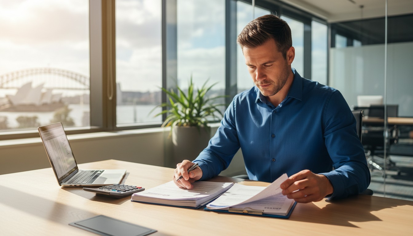 Australian mortgage broker reviewing two home loan documents at a desk