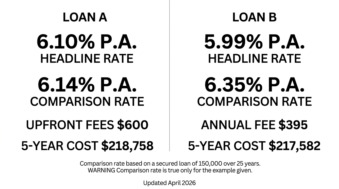 Loan A versus Loan B comparison rate worked example with 5-year cost