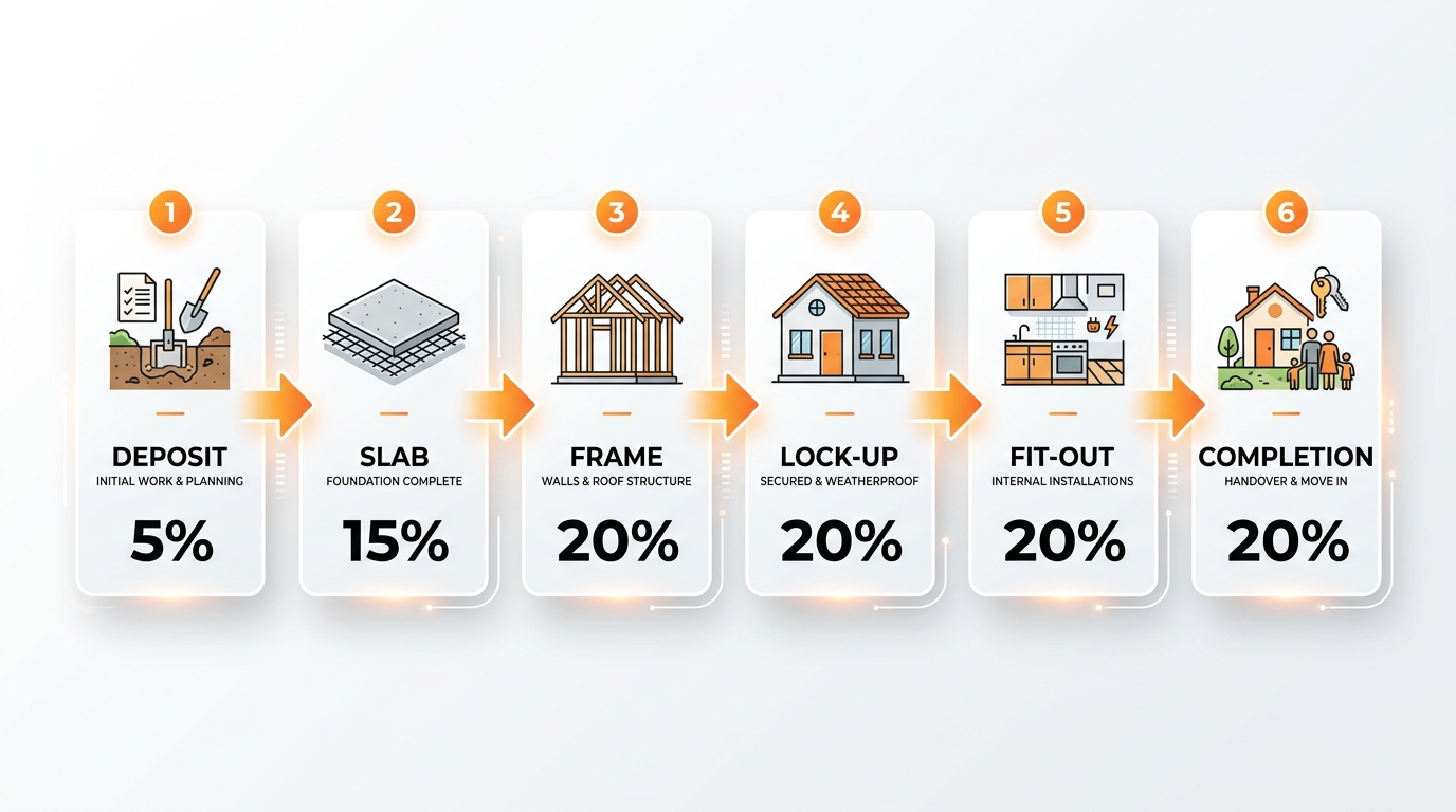 Construction loan progress payment stages diagram from deposit to completion