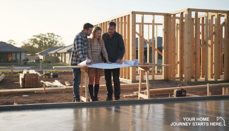 Australian couple reviewing house plans with a builder on a Western Sydney construction site