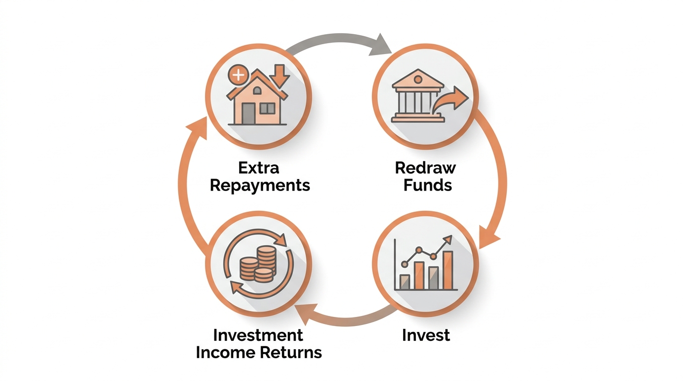 Debt recycling cycle diagram showing four steps: extra repayments, redraw, invest, investment income returns