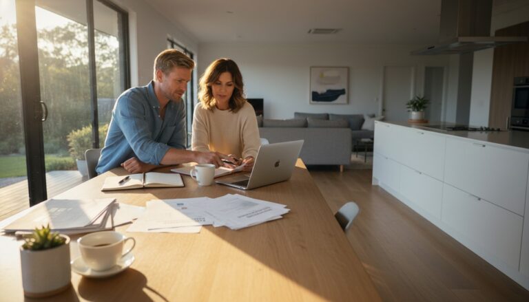Australian couple reviewing superannuation and property documents at home