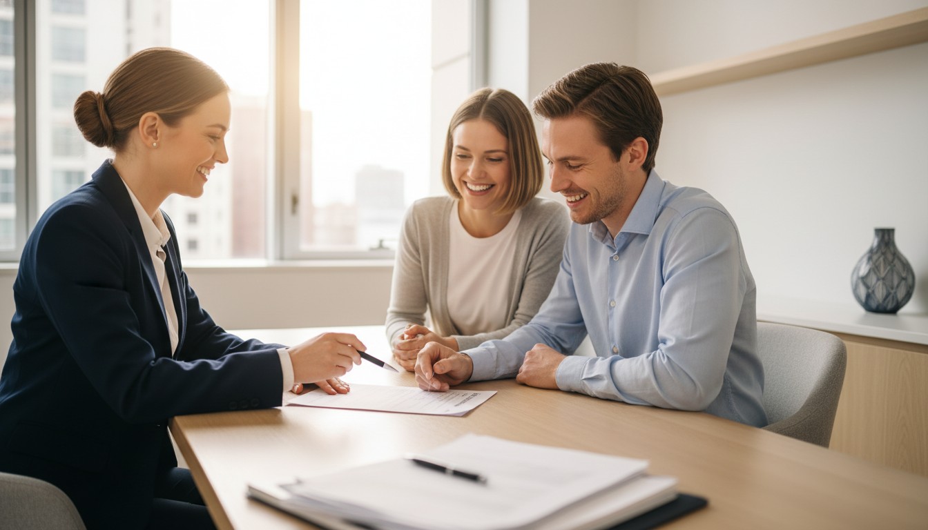 Young Australian couple reviewing Help to Buy scheme details with a mortgage broker