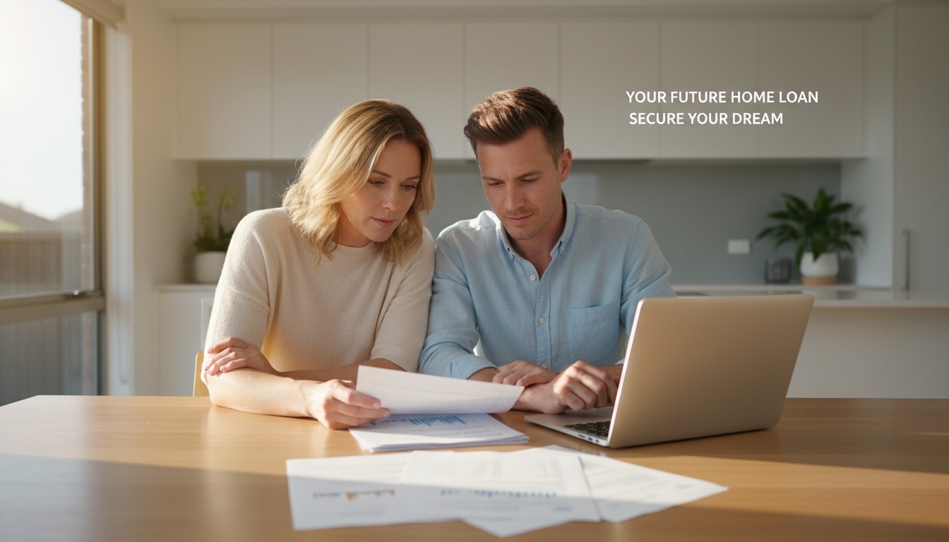 Australian couple reviewing home loan borrowing capacity documents at kitchen table