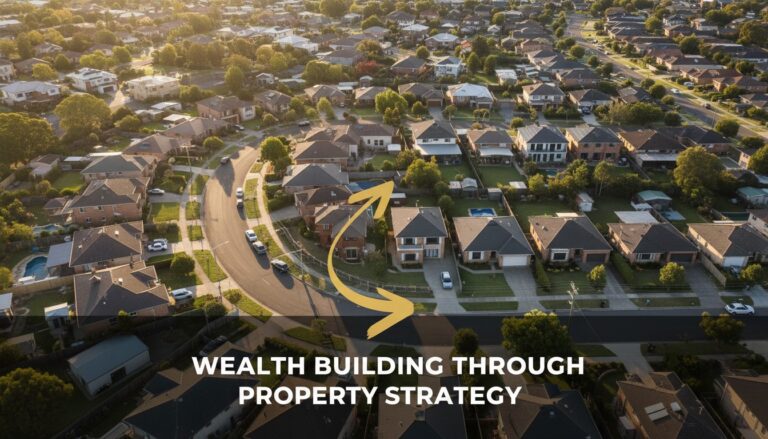 Aerial view of Australian suburban street with mix of rental and investment properties, golden hour lighting