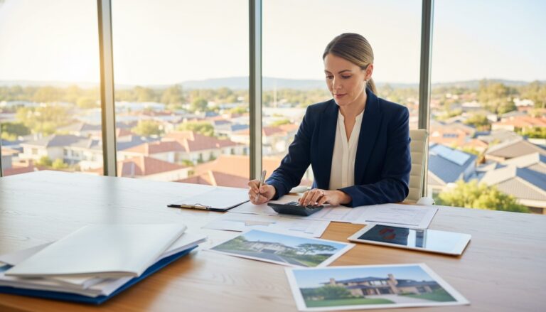 Australian property investor reviewing investment documents at modern office desk