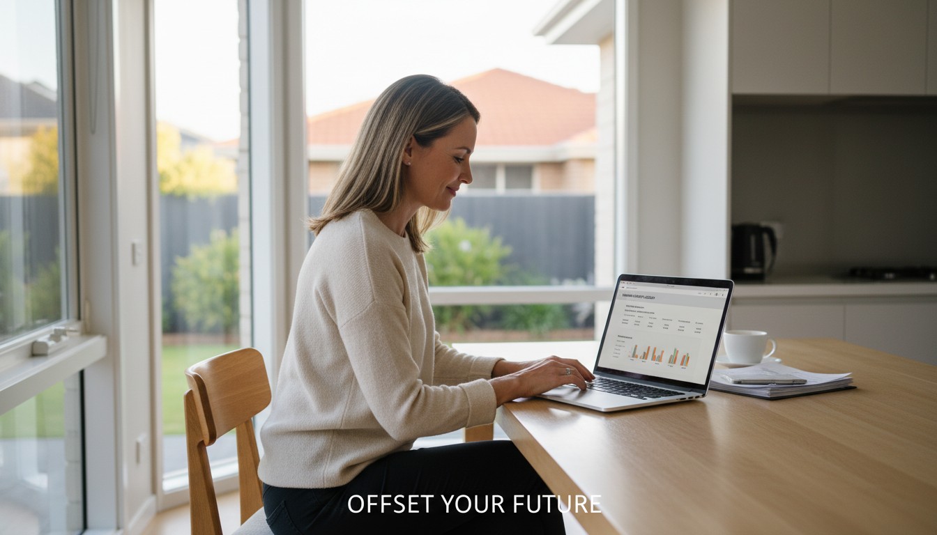 Australian homeowner reviewing offset account and home loan savings on laptop at kitchen table