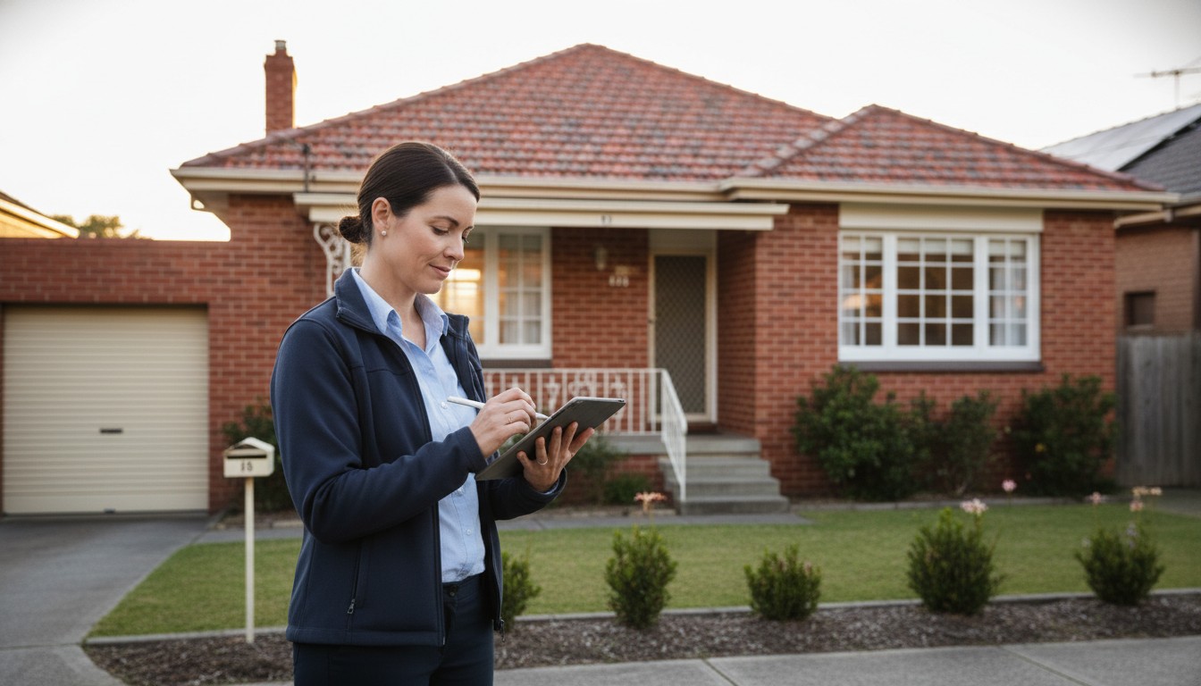 Australian property valuer with tablet assessing a Western Sydney brick home for a bank property valuation