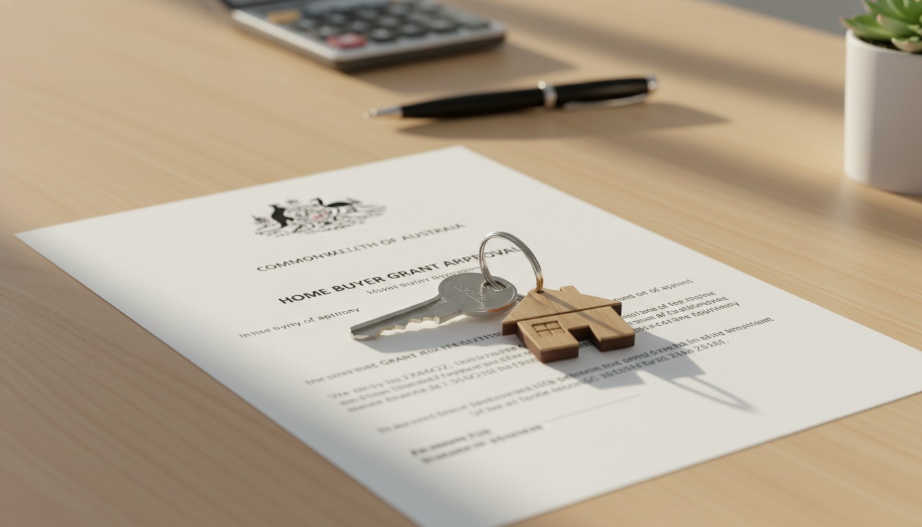 House keys on NSW first home buyer grant approval letter on desk with calculator