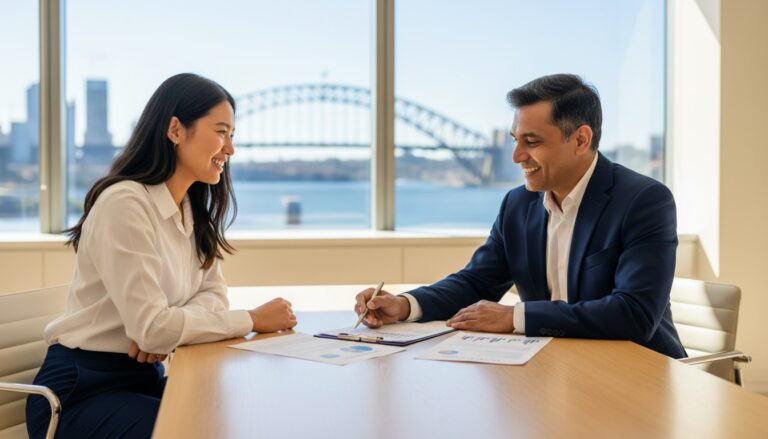 Young Australian couple reviewing first home buyer grant NSW documents with a mortgage broker