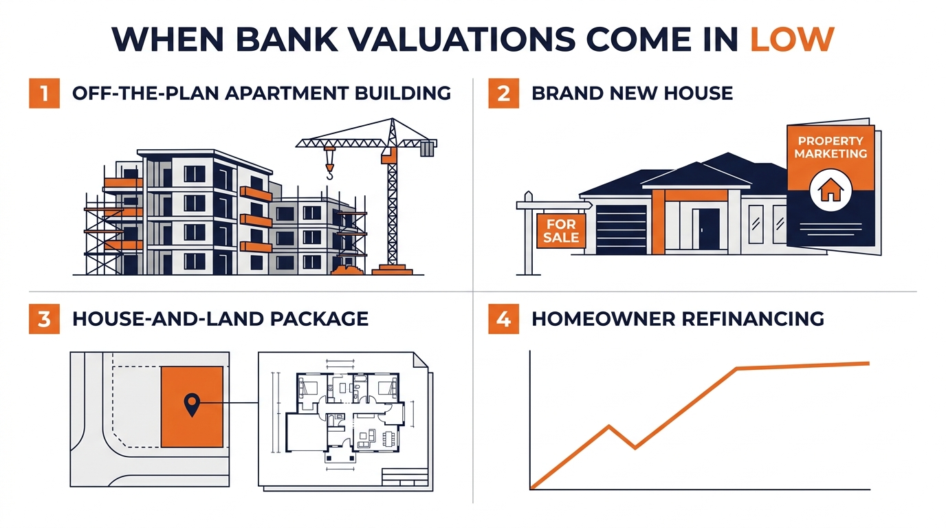 Four scenarios where bank property valuations come in low: off-the-plan apartments, brand new houses via marketing companies, house-and-land packages, and refinances