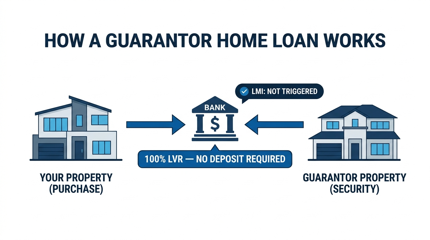 Diagram showing how a guarantor home loan uses a family member's property as security to enable 100% LVR borrowing