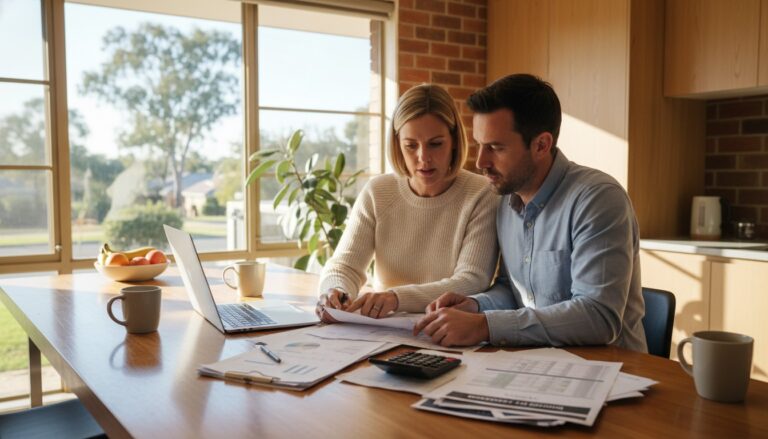Couple reviewing house deposit and mortgage documents at kitchen table with calculator