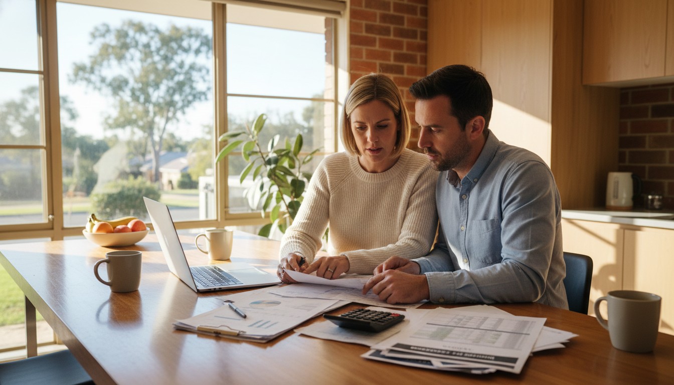 Couple reviewing house deposit and mortgage documents at kitchen table with calculator