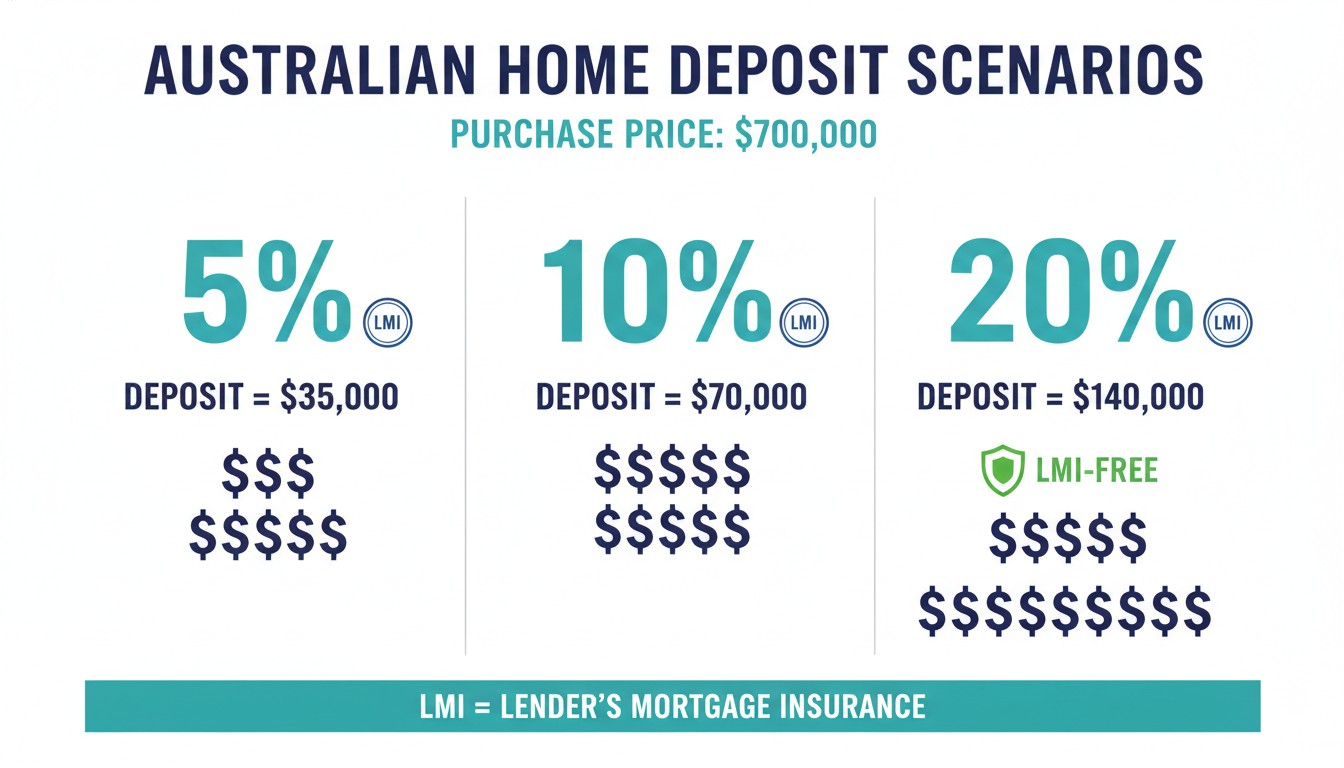 Infographic showing Australian home deposit scenarios for a $700,000 property: 5% deposit ($35,000), 10% deposit ($70,000), 20% deposit ($140,000 LMI-free)