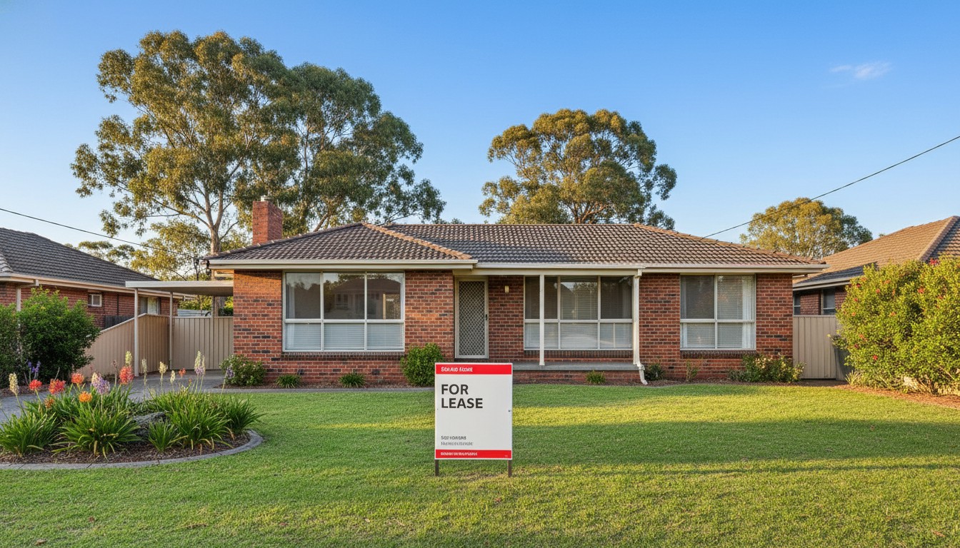 Modern suburban Australian brick-and-tile investment property with for lease sign on front lawn