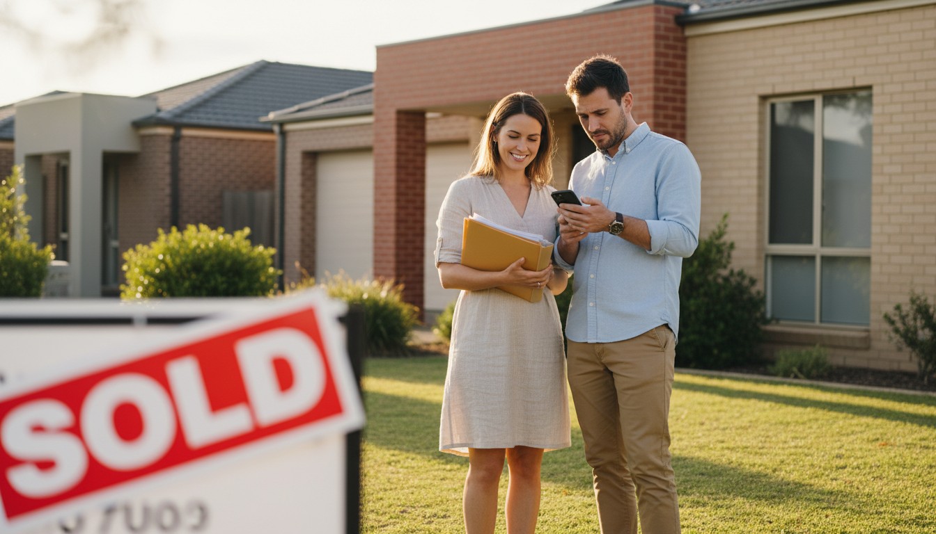 Australian property investors reviewing documents outside their second investment property in a Western Sydney suburb