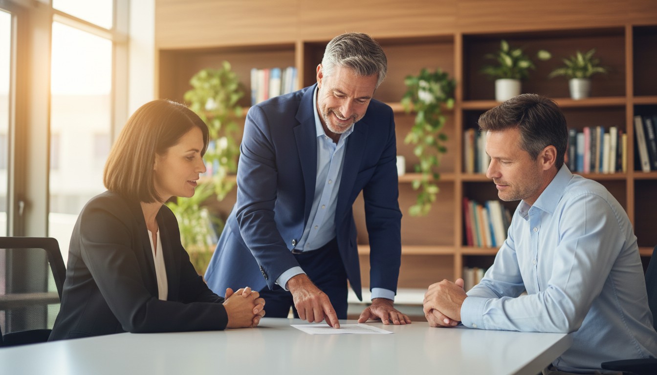 Mortgage broker in western Sydney office explaining lenders mortgage insurance options to clients
