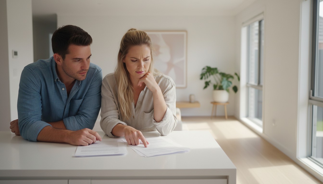 Australian couple reviewing lenders mortgage insurance documents at kitchen table