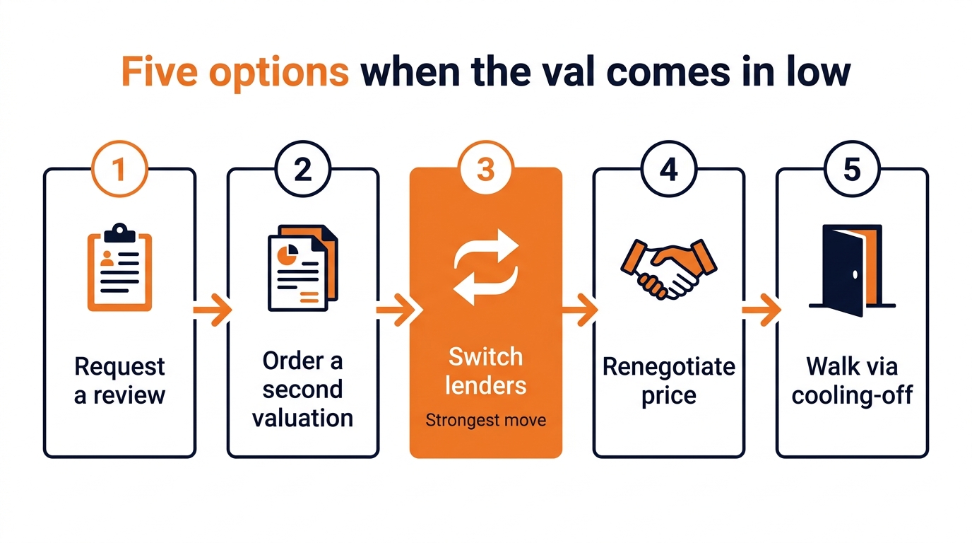 Five options when the bank property valuation comes in low: request a review, order a second valuation, switch lenders, renegotiate price, walk via cooling-off
