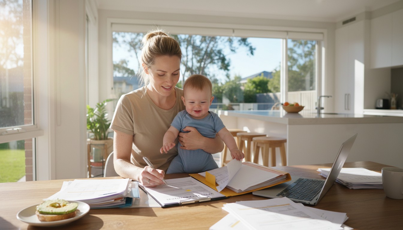 Australian mum with baby reviewing home loan documents at her kitchen table