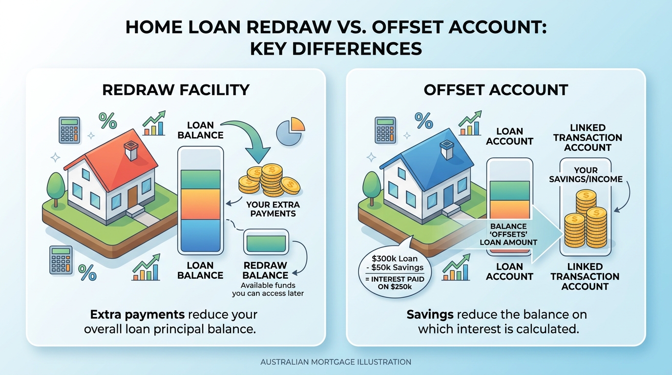 Diagram comparing how a redraw facility and an offset account each reduce home loan interest