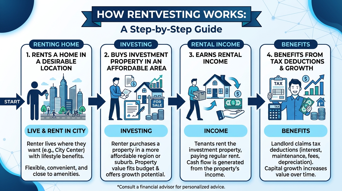 Infographic showing rentvesting process: rent in city, buy investment property in affordable area, earn rental income and tax deductions