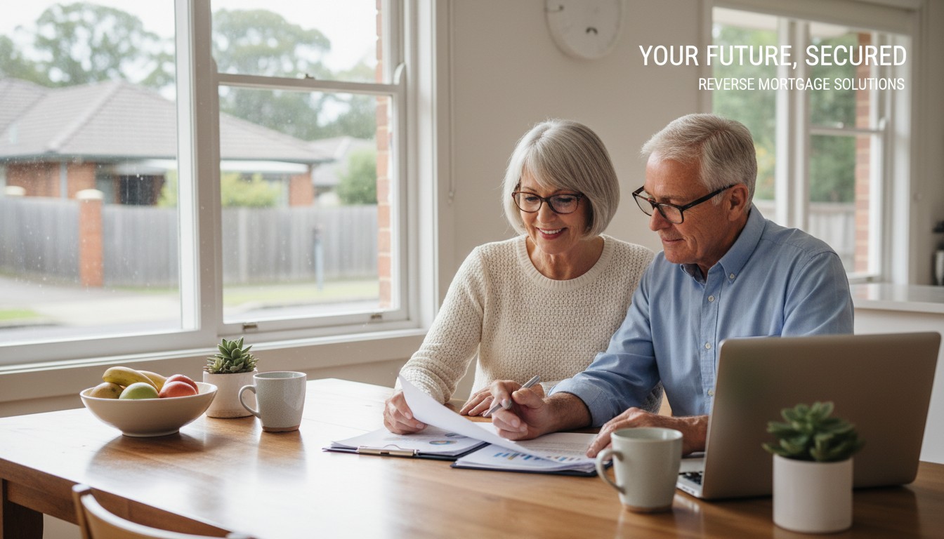 Australian couple reviewing reverse mortgage documents at kitchen table