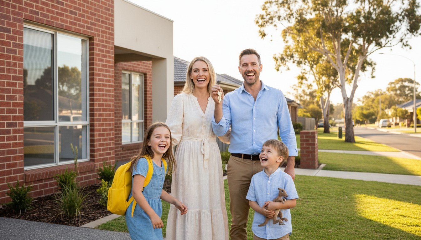 Western Sydney family celebrating home purchase with keys to their new home