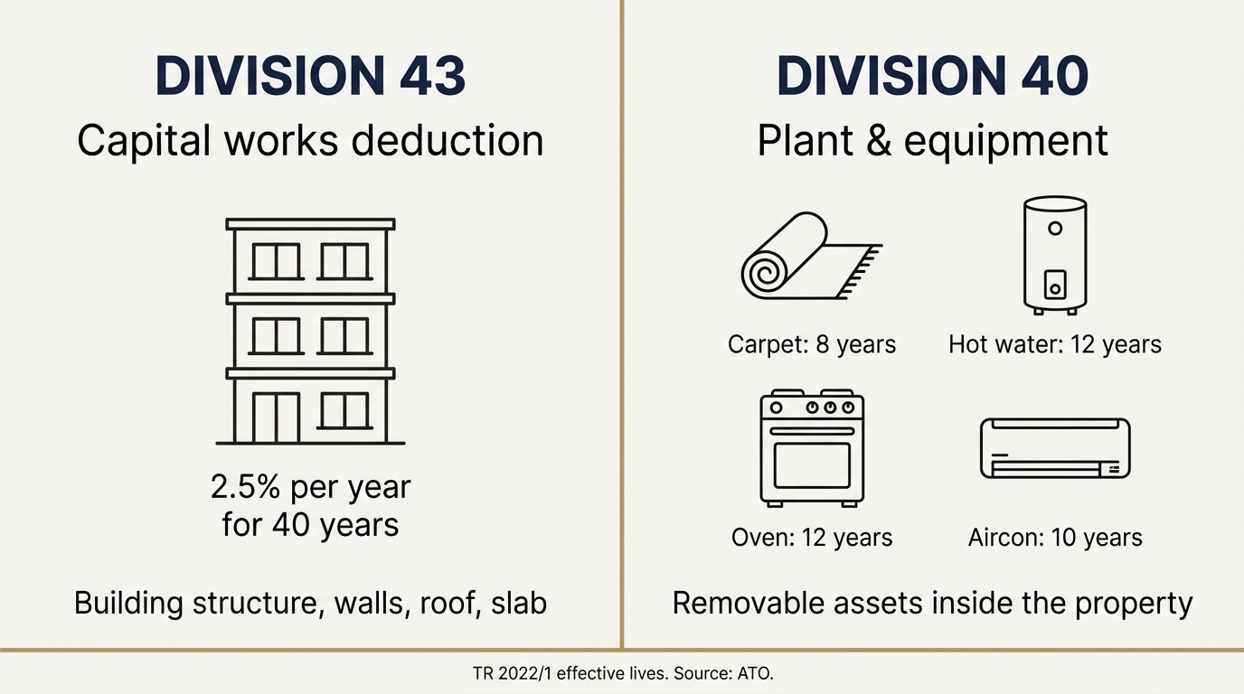 Side-by-side comparison infographic showing Division 43 capital works (2.5% per year for 40 years) on the building versus Division 40 plant and equipment (8 to 12 year effective lives) on internal assets.