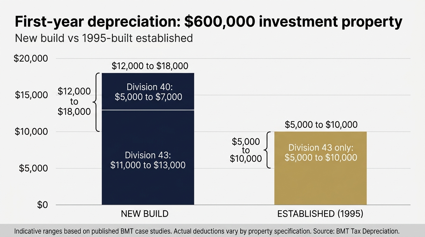 Bar chart infographic comparing first-year depreciation deductions on a $600,000 investment property: $12,000 to $18,000 for a new build versus $5,000 to $10,000 for a 1995-built established property.