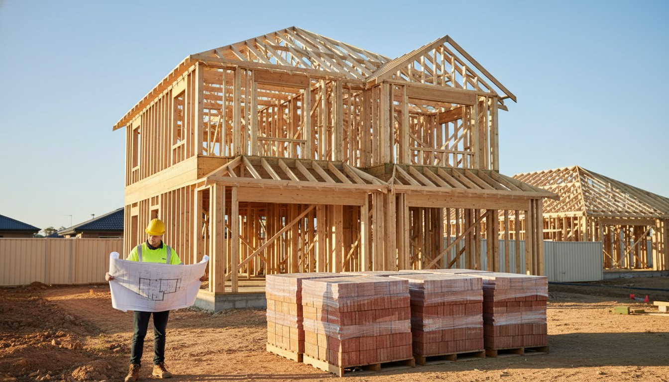 Western Sydney new build at frame stage with timber framing visible and brick deliveries on site