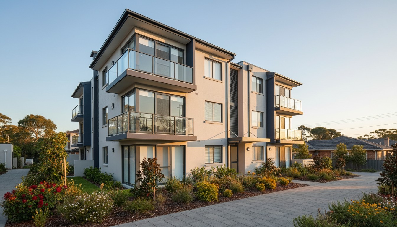 Modern Australian residential apartment building exterior in suburban Sydney at golden hour, representing investment property depreciation.