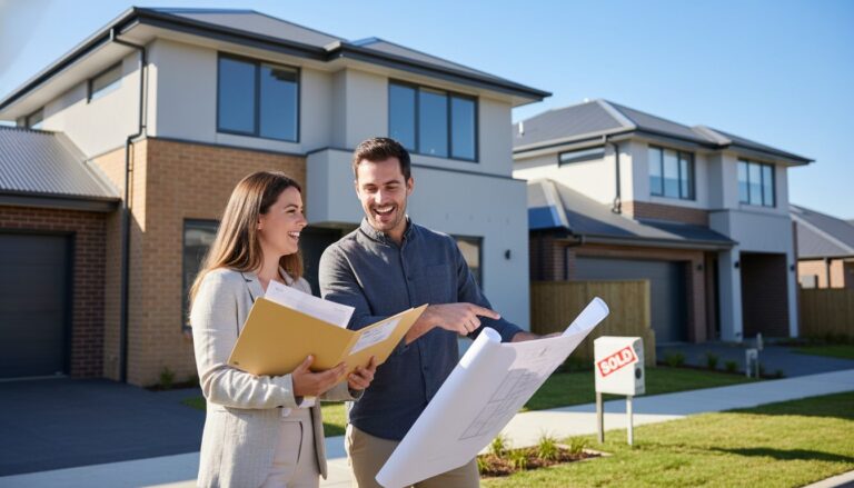 Young Australian couple at a Western Sydney house and land display village reviewing financing paperwork
