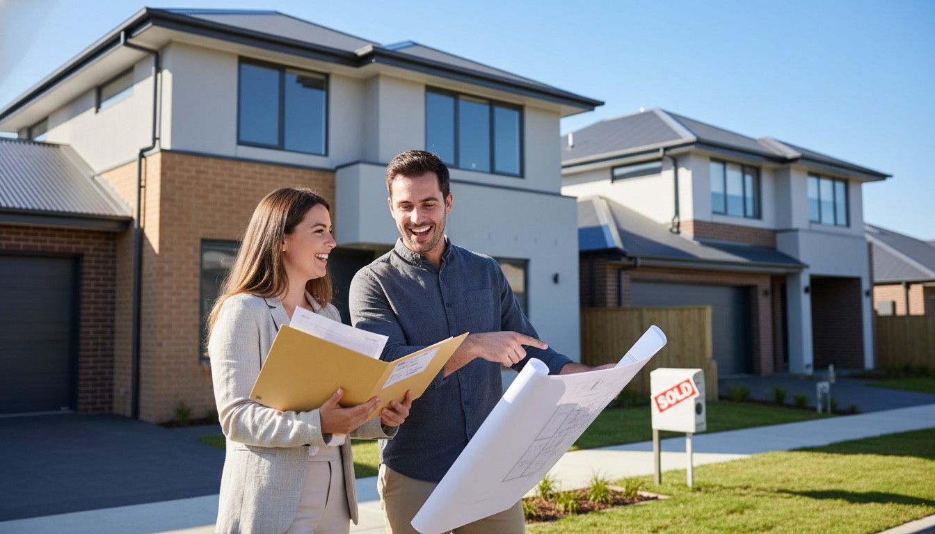 Young Australian couple at a Western Sydney house and land display village reviewing financing paperwork