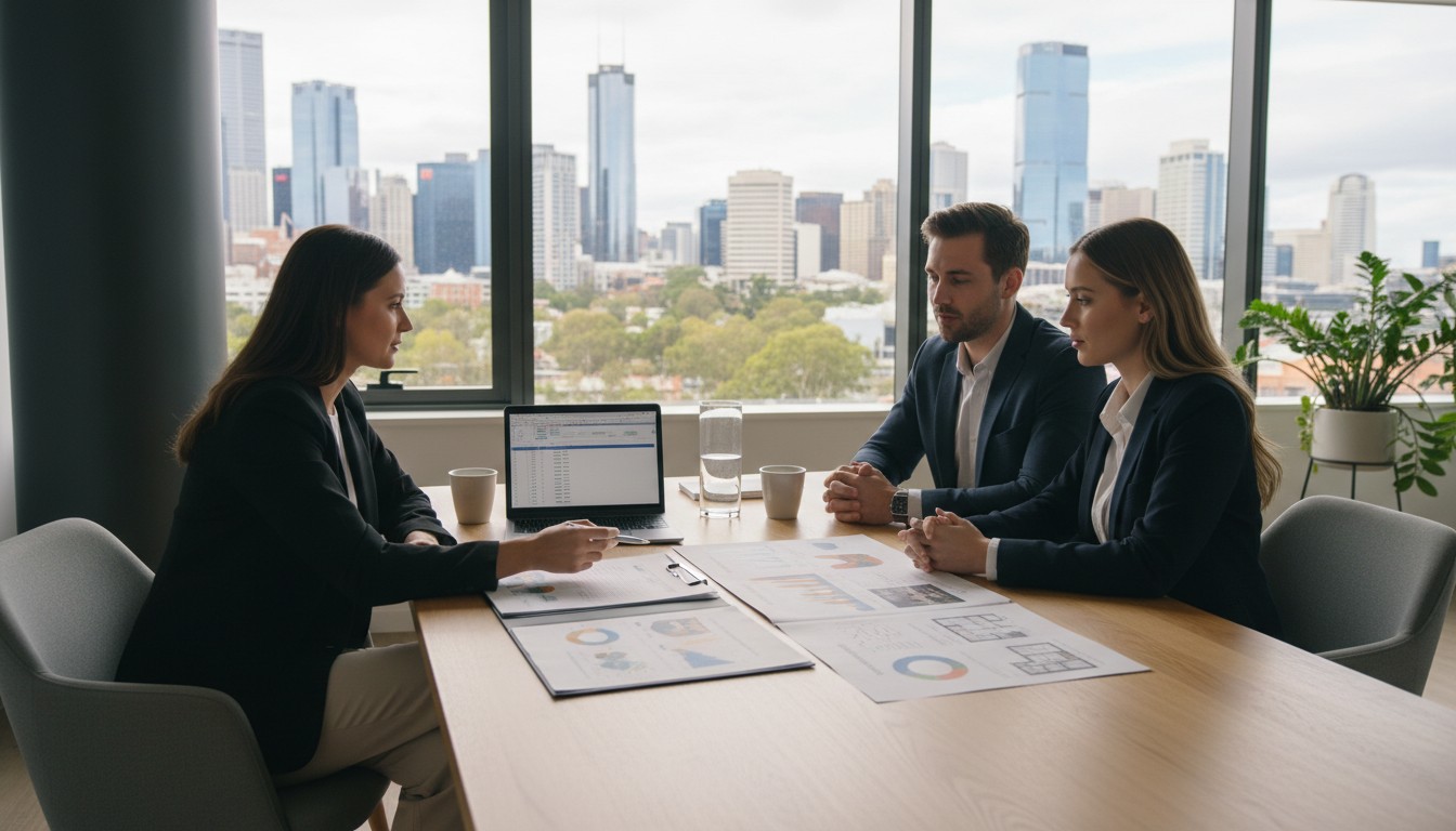 Mortgage broker meeting with property investor couple discussing the 2026 Federal Budget negative gearing changes
