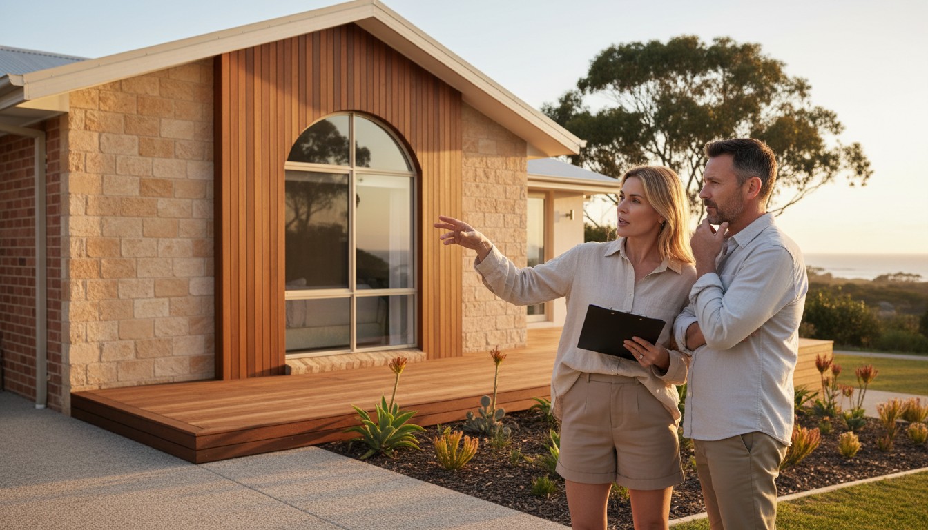 Australian couple inspecting a coastal holiday home with property documents, considering buying a second home with equity