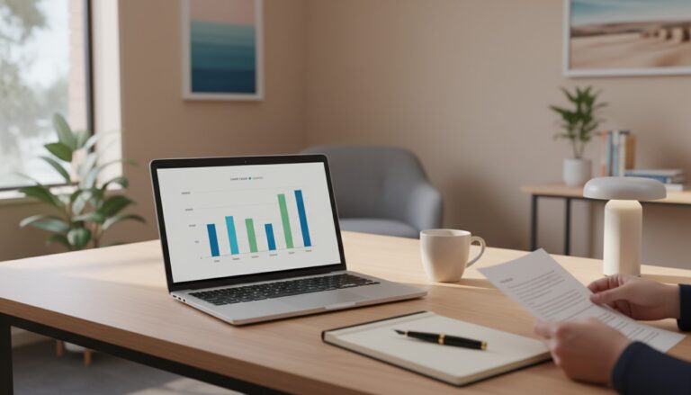 Mortgage broker reviewing home loan options at a modern desk