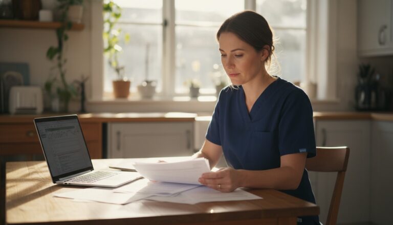 Australian registered nurse reviewing home loan paperwork at a kitchen table, illustrating the LMI waiver application process for healthcare workers