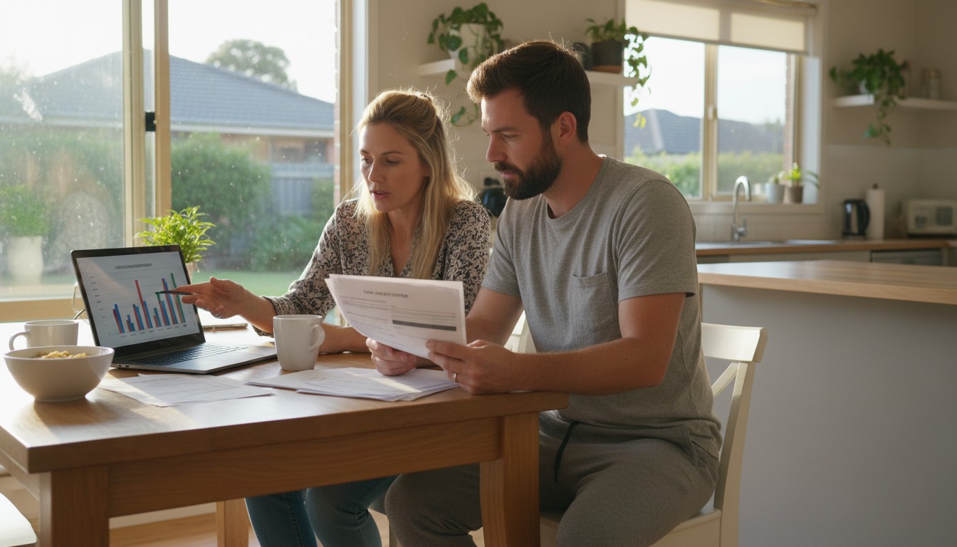 Australian couple reviewing mortgage documents at kitchen table